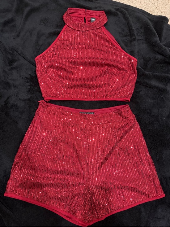 Other - Red Sequin Crop Halter Top & High Waist Shorts Set